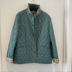 Burberry quilted coat in green with Tartan lining